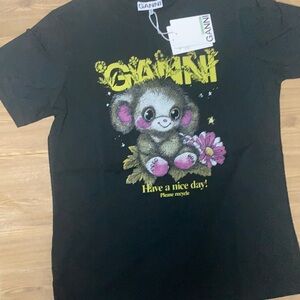 Ganni Retro Cottagecore Fluffy Creature Graphic T-shirt Black Tee size Medium